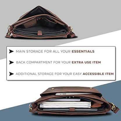 Oak Leathers Leather Messenger Bag for Men and Women - Laptop Briefcase Bag For College, Office, Adjustable Shoulder Strap - color: Walnut With Diary