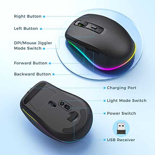 PEIOUS Wireless Mouse Jiggler, LED Mouse with Built-in Mouse Mover, Black | Rechargeable, Silent Clicks, Adjustable DPI and Random Movement Keep Computers Awake for Work-Life Balance on Laptop/PC/Mac - color: Black