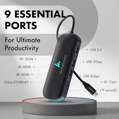Type C 9 in 1 Wozoyo Docking Station with 2XUSB 5Gbps, 2X4K HDMI, Gigabit Ethernet, SD & TF Card Reader, PD 100W, USB 2.0, USB-C Hub, Compatible with Thunderbolt 4, macOS, Windows, Android & iOS - style: 9-in-1