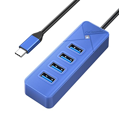 GiGimundo 4-Port USB Hub for Laptop, USB C to USB Hub Multiport Adapter 5Gbps Transfer, USB C Splitter for Laptop, MacBook Pro/Air, iPad Pro, Dell, Chromebook, Keyboard, Mouse, HDD, Blue - color: Blue