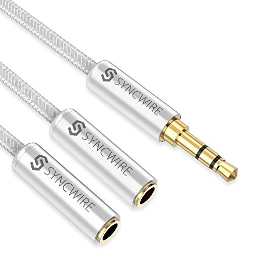 SYNCWIRE Headphone Splitter, Nylon-Braided 3.5mm Extension Cable Audio Stereo Y Splitter (Hi-Fi Sound), 3.5mm Male to 2 Ports 3.5mm Female Headset Splitter for Apple, Samsung & More (No Mic) - Silver - color: Silver