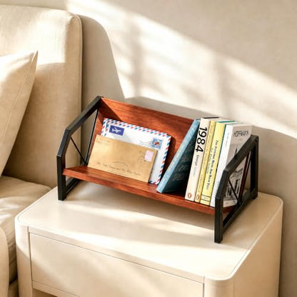 Desktop Bookshelf Organizer, Tilting Bookcase, Reddish Brown | Rustic Wood & Sturdy Metal Frame, Saves Desktop Space for Books/CDs/Magazine Display