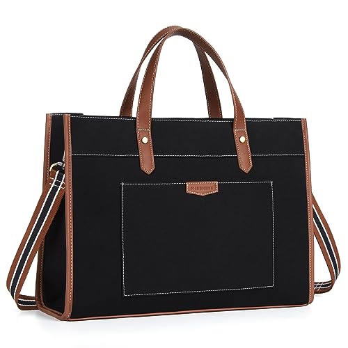 Missnine Laptop Tote Bag Canvas Laptop Bag 15.6 inch Work Shoulder Bags Casual Briefcase Handbag for Travel, Office, College (Black+Brown) - color: Black+brown
