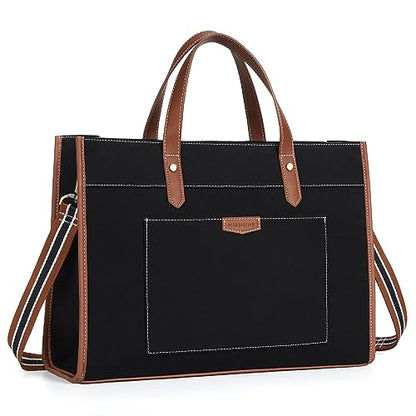 Missnine Laptop Tote Bag Canvas Laptop Bag 15.6 inch Work Shoulder Bags Casual Briefcase Handbag for Travel, Office, College (Black+Brown) - color: Black+brown