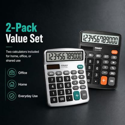 TRULY 12-Digit Desktop Calculator with Large Display, Big Buttons, Dual Power (Solar + Battery), Metal Finish, Ideal for Office, Home, School – 837A Pro Metal 2 Pack Black/Silver - color: Black & Silver