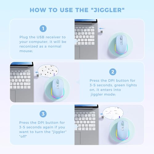 PEIOUS Wireless Mouse Jiggler - Keep Computers Awake, Light Blue | Rechargeable LED Mouse, Silent Clicks, Adjustable DPI and Random Movement Keep Computers Awake for Laptop/PC/Mac - color: Light Blue