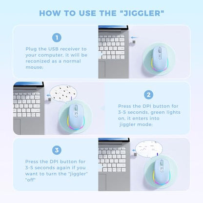PEIOUS Wireless Mouse Jiggler - Keep Computers Awake, Light Blue | Rechargeable LED Mouse, Silent Clicks, Adjustable DPI and Random Movement Keep Computers Awake for Laptop/PC/Mac - color: Light Blue