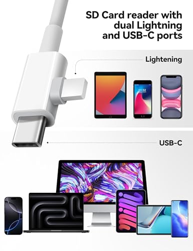 SD Card Reader for iPhone, SD Card Adapter with Lightening & USB C Dual Connectors Plug&Play Supports microSD, SD and USB-A OTG, Portable Trail Camera Memory Reader for iPhone Mac MacBook iPad