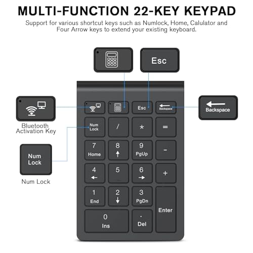 cimetech BT Number Pad, 22 Keys Wireless Numeric Keypad Numpad | Office Accounting, Portable, Mini, for Laptop PC Computer Desktop Surface Pro Notebook - color: BT-Black