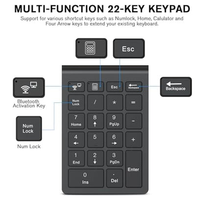 cimetech BT Number Pad, 22 Keys Wireless Numeric Keypad Numpad | Office Accounting, Portable, Mini, for Laptop PC Computer Desktop Surface Pro Notebook - color: BT-Black