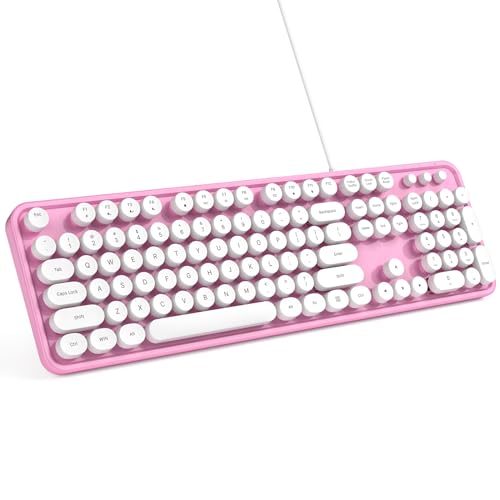 MOWUX Computer Keyboard Wired, Plug and Play USB Retro Round Typewriter Keyboard, Full Size Wired Keyboard with Foldable Stands for Laptop and Office PC- Pink - color: Pink