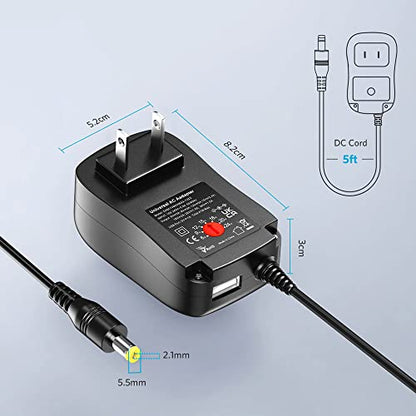 Belker 41W Universal 6V 9V 12V 15V 18V 20V 24V AC DC Adapter with 10 Tips | USB C Power Supply for Household Electronics Router Smart Phone Mp3 Tablets CCTV Cameras - 1.5A 1500mA Max - size: 41w 6-24v 1.5a w/USB