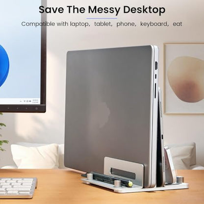 Aluminum Vertical Laptop Stand for Desk, Adjustable Dual Slot Holder(up to 1.73 inches), Compatible with MacBook Pro, MacBook Air and Other Laptop - Save Space & Improve Airflow, Silver