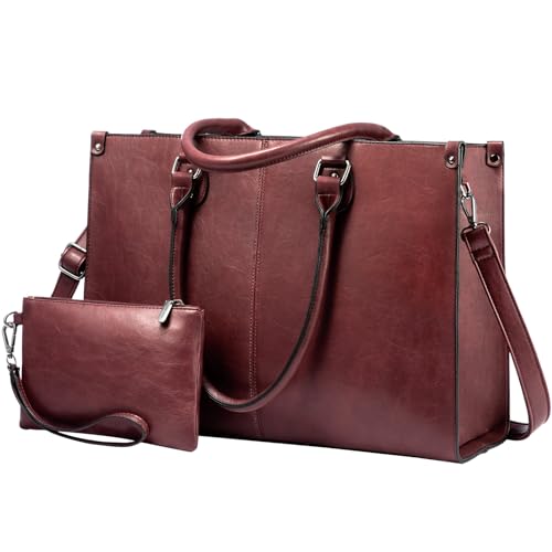 LOVEVOOK Laptop Tote Bag for Women, 15.6 Inch Professional Work Bag with Matching Clutch, Waterproof Vintage Leather Computer Tote for Office, Business Travel & Daily Use, Gift for Women - color: Wine Red, size: 15.6 inch