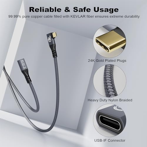 90 Degree USB C 3.2 Extension Cable 20Gbps, USBC 3.2 Gen2 Typec Male to Female Extender Cable Ultra 4K@60Hz 240W Charging 20Gbps Data Transfer with SSD eGPU (90 Degree Extension 20G 240W-5M) - size: 90 Degree Extension 20G 240W-5M