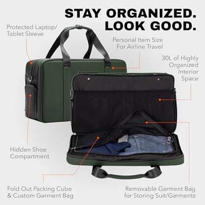 The FTL Pro Mens Travel Bag - 30L Premium Work to Gym Weekender Duffel with Garment Bag, Shoe Space & 18" Laptop Sleeve - Business Carry On Hybrid, Fits Under Airplane Seat - Abbot Green - color: Abbot Green, style: Pro