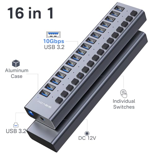 ACASIS Powered 16 Ports USB 3.2 Hub, 10Gbps Data Transfer, 96W Adapter | Individual On/Off Switch for Each Port • Aluminum Housing • Better Heat Dissipation • Plug & Play - size: 16 ports