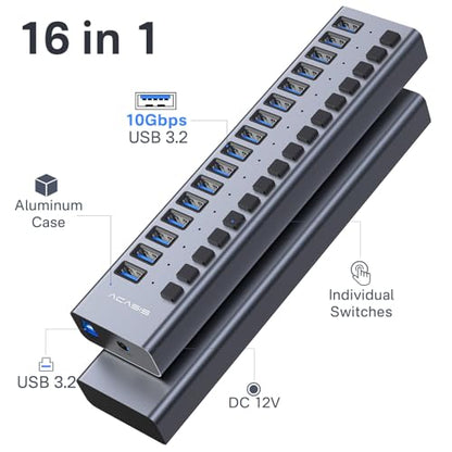ACASIS Powered 16 Ports USB 3.2 Hub, 10Gbps Data Transfer, 96W Adapter | Individual On/Off Switch for Each Port • Aluminum Housing • Better Heat Dissipation • Plug & Play - size: 16 ports