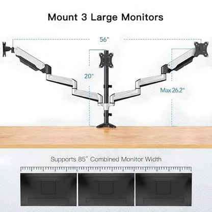 HUANUO Gaming Triple Monitor Stand, Full Motion Articulating Triple Monitor Mount Fit 17 to 32 inch Flat/Curved LCD Computer Screens with Clamp, Grommet Kit, Silver - color: Silver