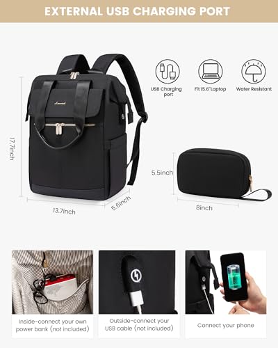 LOVEVOOK Laptop Backpack for Women, 15.6 Inch Work Laptop Bag with USB Port, Fashion Teacher Nurse Backpack Purse, Waterproof Travel Computer Backpack with Organizer Bag, 2PCS, Beige-Black