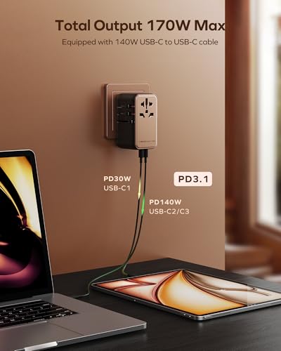 MOMAX Universal Travel Adapter Worldwide 170W GaN, 3 USB-C PD & 1 USB-A QC International Power Adapter for Laptop Fast Charging, European Travel Plug Adapter for UK/US/AUS/JP, Travel Essentials - size: 170 W
