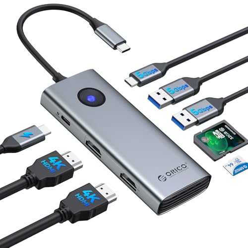 ORICO USB C Docking Station Dual Monitor, 8-in-1 Laptop Docking Station with 2 HDMI 4K@60Hz, 100W PD, USB-A&C 3.0, SD/TF, USB C Dock Compatible with MackBook/Dell XPS/HP/Surface - size: 8-in-1, style: PW11-8PH
