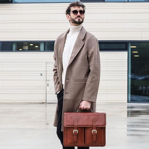 Time Resistance Leather Briefcase for Men Handcrafted in Italy Full Grain Messenger Bag for Laptop - color: Cognac