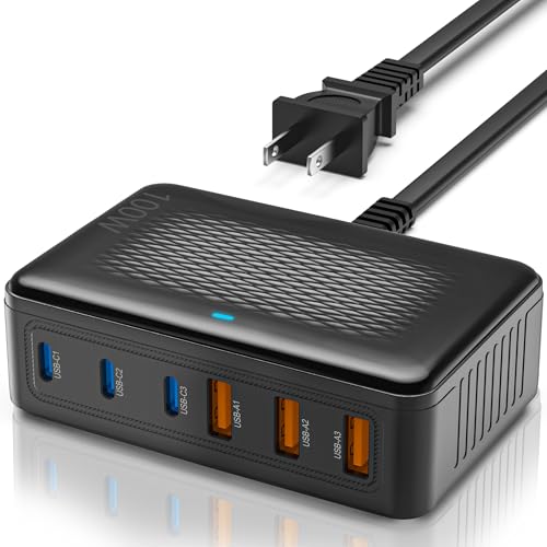100W GaN 6-Port USB C Charger, Fast Charging Station with 5FT Cord | 3 USB-C & 3 USB-A ports for phones,watches and more. Compact design with advanced safety protection for travel and home - color: Black