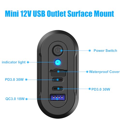 12V USB Outlet RV 3 Ports, Dual PD 30W and Quick Charge QC3.0 Car Socket Charger with Blue Indicator Light and Switch, Car USB Panel Wall Surface Mount Charging Accessories for Marine Bus Boat ATV
