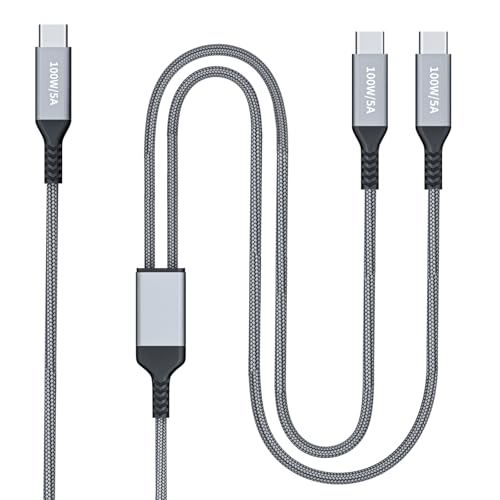 100W 2-in-1 USB-C Cable 4FT, Dual USB C 5A Fast Charging, Splitter Multi USB Type C Charge for MacBook Air, iPhone 15 Plus/Pro Max, iPad Pro, Samsung Galaxy S24 S23 S22, Tab S9, Lenovo, Dell Laptop - color: Grey