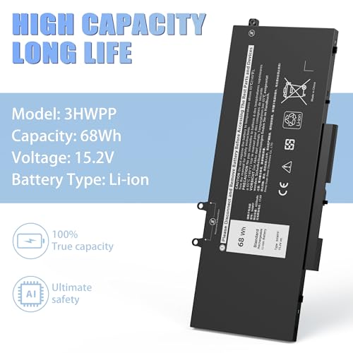 68Wh 3HWPP Laptop Battery Replacement for Dell Latitude 5410 5510 5401 5411 5501 5511 Precision 3541 3551, Inspiron 7706 2-in-1, 17 7500/7506 2-in-1 Black 10X1J N2NLL 1VY7F 451-BCMN 15.2V - size: 9.38*4.13*0.25inch 3HWPP