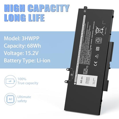 68Wh 3HWPP Laptop Battery Replacement for Dell Latitude 5410 5510 5401 5411 5501 5511 Precision 3541 3551, Inspiron 7706 2-in-1, 17 7500/7506 2-in-1 Black 10X1J N2NLL 1VY7F 451-BCMN 15.2V - size: 9.38*4.13*0.25inch 3HWPP