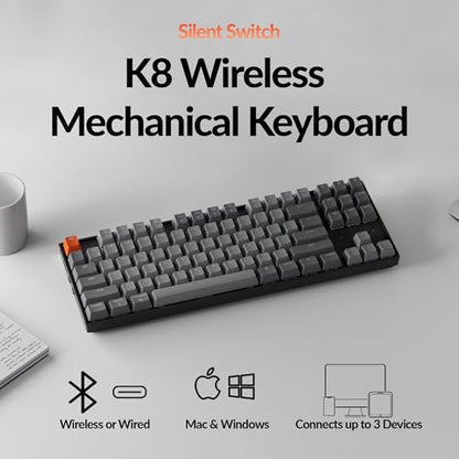 Keychron K8 Wireless Mechanical Keyboard – Silent Red Switch for Quiet Office and Gaming, TKL 87 Keys, Soft White LED Backlight, Bluetooth & USB-C Wired Connectivity, Compatible with Mac and Windows - color: Silent Red Switch, size: White Backlight