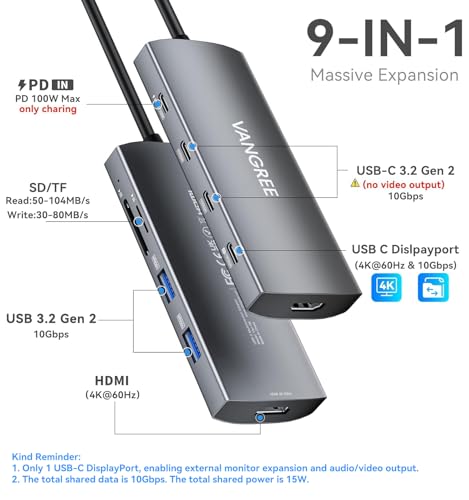 VANGREE 9-in-1 USB C Hub 10Gbps with 4K@60Hz USB-C Display Output, 100W PD | 3*USB-C & 2*USB-A 3.2 10Gbps, 4K@60Hz HDMI, SD/TF reader, Supports SST & MST, for MacBook, iPad, Dell, Surface, Samsung DEX