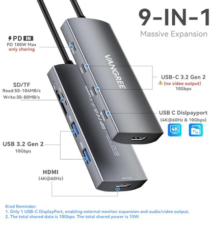 VANGREE 9-in-1 USB C Hub 10Gbps with 4K@60Hz USB-C Display Output, 100W PD | 3*USB-C & 2*USB-A 3.2 10Gbps, 4K@60Hz HDMI, SD/TF reader, Supports SST & MST, for MacBook, iPad, Dell, Surface, Samsung DEX