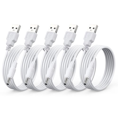 5-Pack DC 5V Power Cord, USB to DC 3.5mm x 1.35mm Round Barrel Plug Charging Cable 5 ft White - color: White