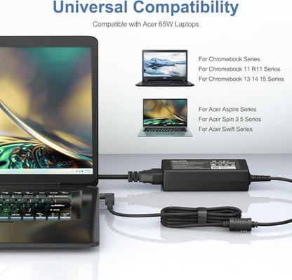 65W 3.0 * 1.1mm N20C5 N20C4 N19H2 N22C6 N23H1 Laptop Charger Compatible with Acer Aspire 5 A515-55 A515 - color: Dark black