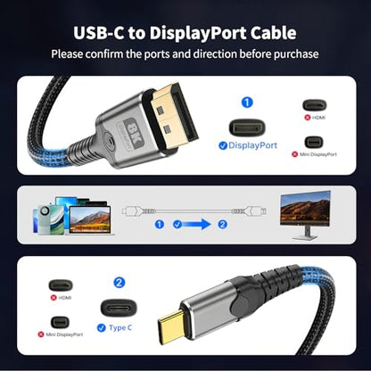 MaxRenard USB-C to DisplayPort 1.4 Cable 8K 60Hz, 4K/2K 240Hz Gaming-Grade, Thunderbolt 4/3 Compatible 32Gbps High-Speed, for MacBook M4/Dell XPS/Surface Pro & Gaming Monitors (10Feet) - size: 10Feet, style: 8K-1Pack