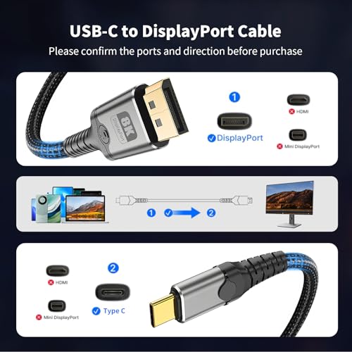 MaxRenard USB-C to DisplayPort 1.4 Cable 8K 60Hz, 4K/2K 240Hz Gaming-Grade, Thunderbolt 4/3 Compatible 32Gbps High-Speed, for MacBook M4/Dell XPS/Surface Pro & Gaming Monitors (6.6Feet) - size: 6.6Feet, style: 8K-1Pack