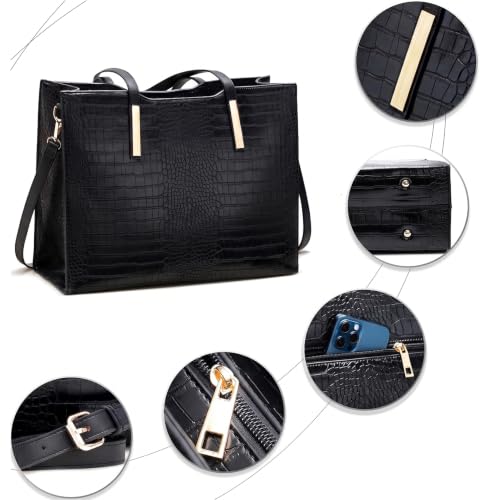 15.6" Laptop Work Tote Bag for Women Shoulder Handbag Large, Black | 2 water bottle pocket. Lightweight 2.2 Lbs. Capacity 20L. Vegan Leather. Waterproof. L17” x H12” x W5.5”. Handle Drop 11".