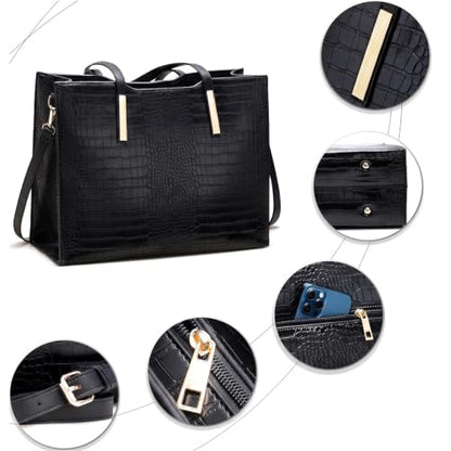 15.6" Laptop Work Tote Bag for Women Shoulder Handbag Large, Black | 2 water bottle pocket. Lightweight 2.2 Lbs. Capacity 20L. Vegan Leather. Waterproof. L17” x H12” x W5.5”. Handle Drop 11".