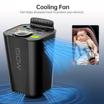 150W Power Inverter 6 in 1 DC 12V to 110V AC Inverter with 60W Dual USB-C and 18W USB-Fast Charger & 2 AC Outlets, Car Pluɡ Adapter Outlet for Laptop/Phone/GPS | Cup Holder Design for Travel - size: 150W
