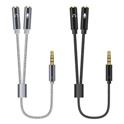 YACSEJAO Headphone and Mic Splitter 2Pack 3.5 mm y Splitter 1/8 Inch 1 Male to 2 Female Headphone Microphone Audio Braided Adapter（Grey + Black）