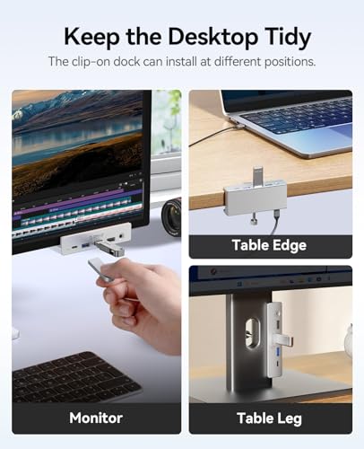 ORICO Clip Docking Station, 8-in-1 Clamp USB C Hub with 4K@60Hz HDMI, 100W PD, Gigabit Ethernet, 4xUSB Port, AUX, 10Gbps Clamp Docking Station for Laptop, MacBook, PC (Adapter Not Included) - color: Silver