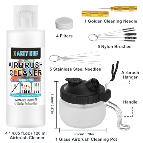 X ARTY HUB Airbrush Cleaning Kit, 16.2 fl oz Cleaner, Cleaning Pot & Tools | Easily Handles Water-Based and Acrylic Paints, Glass Airbrush Cleaning Pot, Air Brush Cleaning Tools, Airbrush Cleaner Kit - size: Airbrush Cleaning Kit with 16.2 fl oz Cleaner