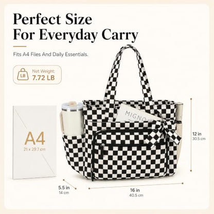 BTOOP Work Tote Bag for Women, Laptop Tote Bag With 15.6 Inch Padded Compartment, Teacher Nurse Bible Bags - color: Black Checkered