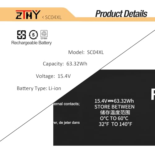 63.32Wh SC04XL Laptop Battery Replacement for HP Envy 14-EB 14-eb0021tx | 14-eb1028nf 14-eb0010ca 14-eb0019nl 14-eb1028nf 14-eb0212nw Series HSTNN-IB9R M07392-005 M08254-1C1 SC04063XL 15.4V 3906mAh - size: 11.06*3.86*0.27 inch SC04XL