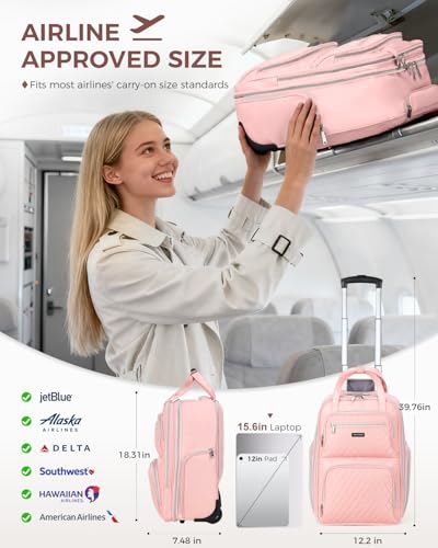 Ponhog Rolling Backpack for Women, 15.6 Inch Travel Laptop Wheeled Backpack, 30L Roller Carry On Backpack for Adults Business College Work Overnight, Stylish Personal Item, Pink
