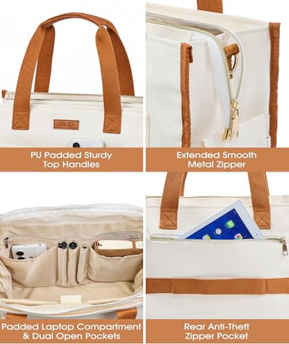 MeZQ Canvas Tote Bag for Women,14-Pockets Work Laptop Tote Large Office Crossbody | Teacher Nurse College with Strap & Zipper - color: Brown