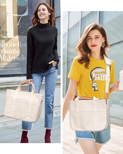 Canvas Tote Bag with Multi-Pocket for Women Large Crossbody Shoulder Handbag Everything Tote Bag with Compartments - color: Beige, size: Large
